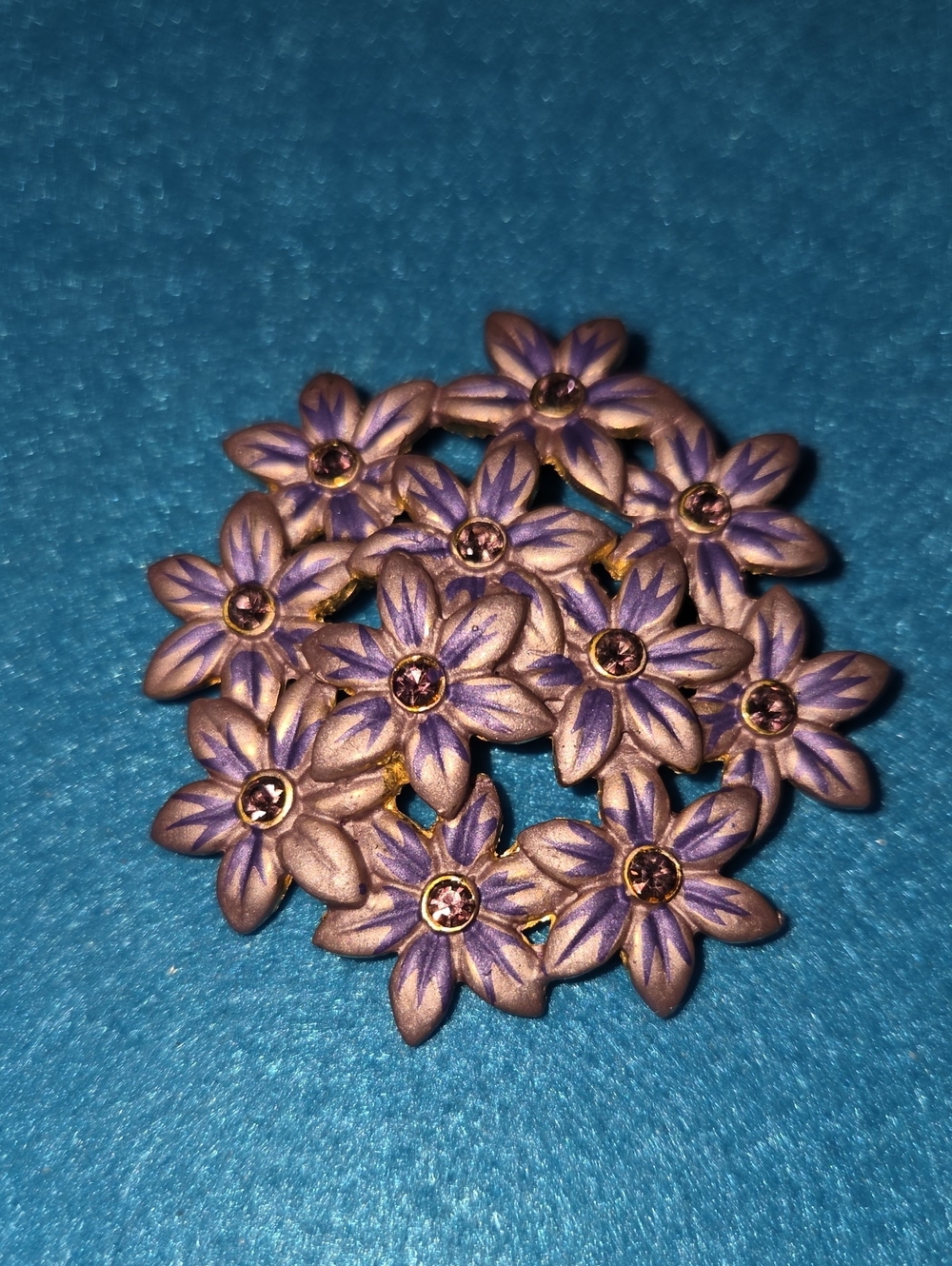 Purple Flower Cluster Brooch with Lavender Rhinestone Centres